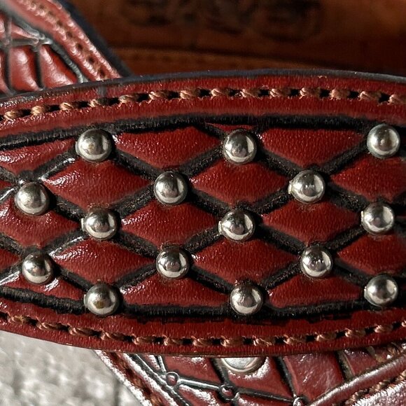 Circle Y Vintage SZ 34 Brown Leather tooled studded belt Western Handmade Old $ - Picture 3 of 7